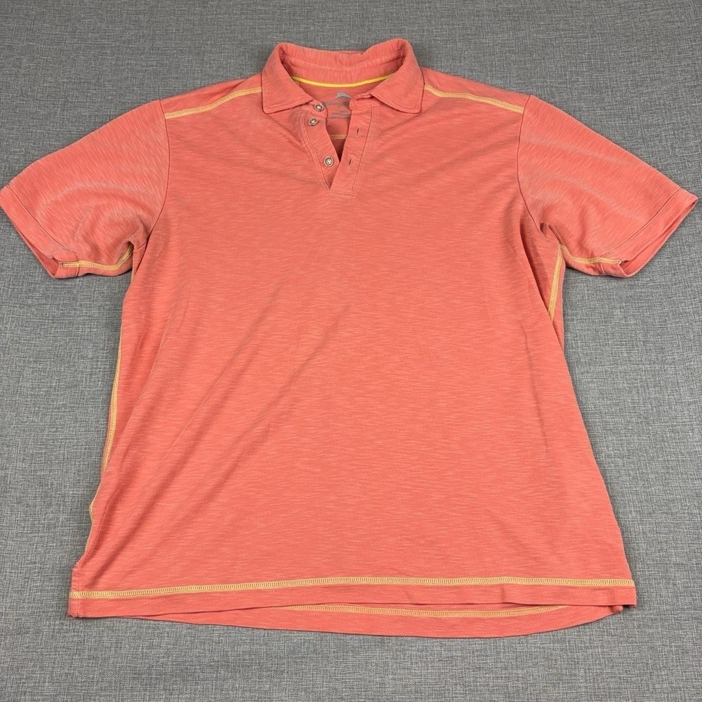 Tommy Bahama Polo Shirt Mens Medium Orange Tencel Lyocell Island Short Sleeve